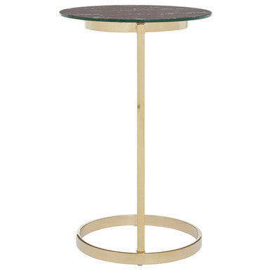 Gold Open Circular Base End Table With Black Marble Glass Top, Oria