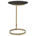 Gold Open Circular Base End Table With Black Marble Glass Top, Oria