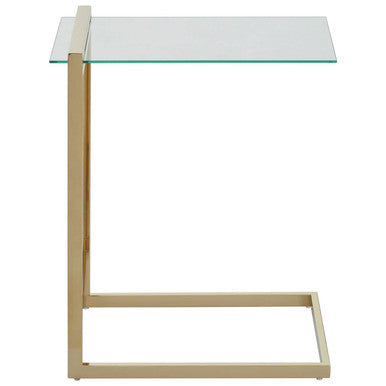 Gold Warm Metal End Table With Clear Tempered Glass Top, Oria