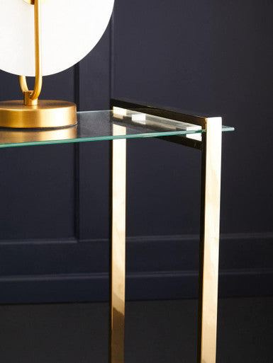 Gold Warm Metal End Table With Clear Tempered Glass Top, Oria