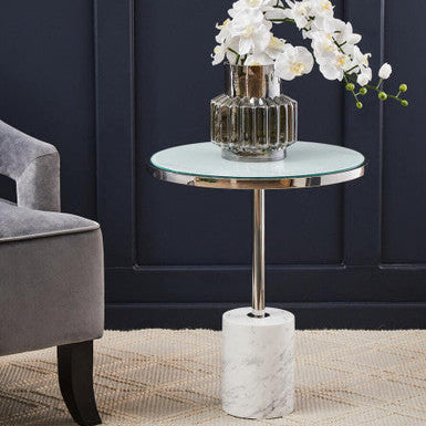Silver Frame T-Shap End Table With White Marble Top, Oria