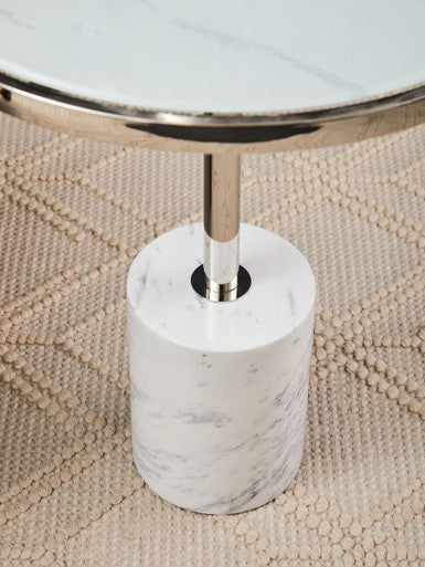Silver Frame T-Shap End Table With White Marble Top, Oria