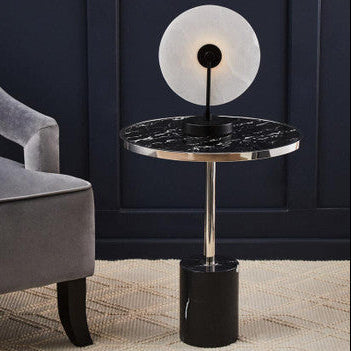Silver Frame T-Shap End Table With Black Marble Top, Oria