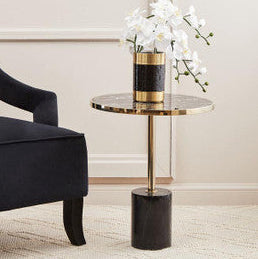 Gold Frame T-Shap End Table With Black Marble Top, Oria