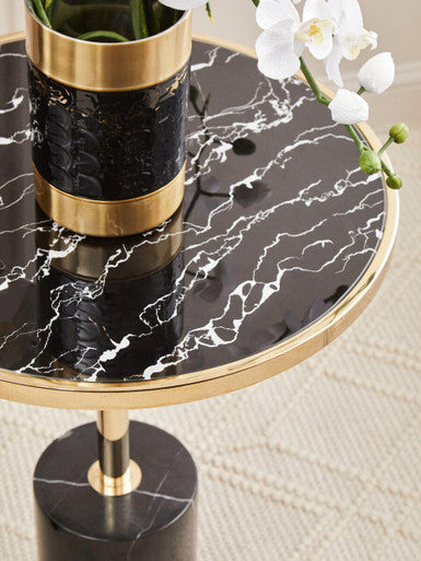 Gold Frame T-Shap End Table With Black Marble Top, Oria
