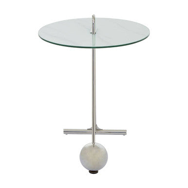 Round Clear Glass Top End Table With Silver Stainless Steel Frame & Splayed Legs, Oria