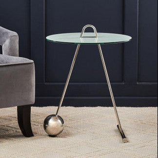 Round Clear Glass Top End Table With Silver Stainless Steel Frame & Splayed Legs, Oria