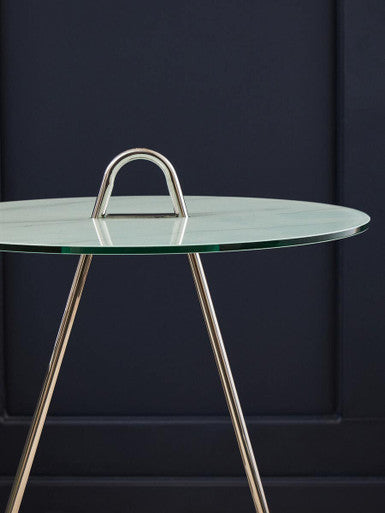 Round Clear Glass Top End Table With Silver Stainless Steel Frame & Splayed Legs, Oria