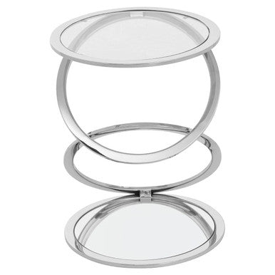 Silver Rings Shaped Base End Table With Clear Glass Top, Oria