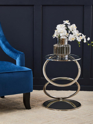 Silver Rings Shaped Base End Table With Clear Glass Top, Oria