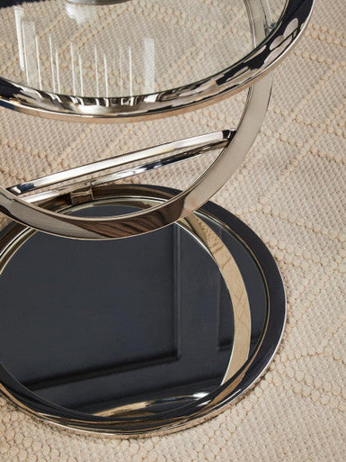 Silver Rings Shaped Base End Table With Clear Glass Top, Oria