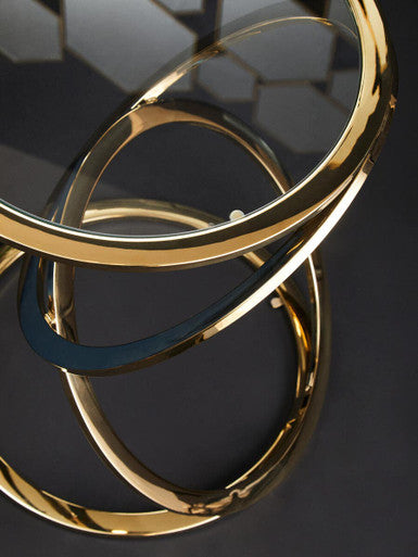 Gold Rings Shaped Base End Table With Clear Glass Top, Oria