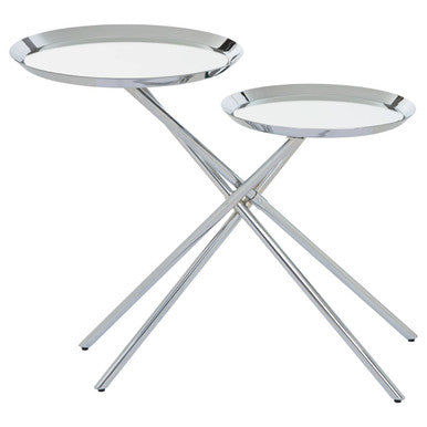 Silver Staggered Mirrored Tops End Table With Chrome Cross Leg Frame, Oria