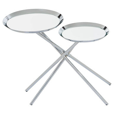 Silver Staggered Mirrored Tops End Table With Chrome Cross Leg Frame, Oria