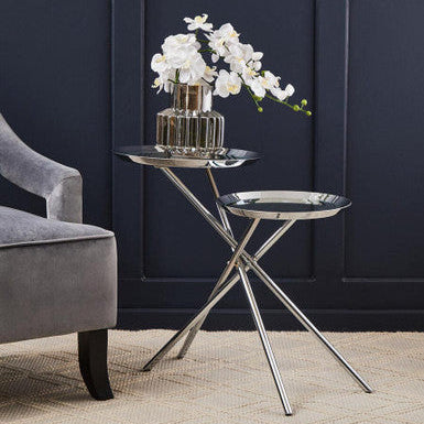 Silver Staggered Mirrored Tops End Table With Chrome Cross Leg Frame, Oria