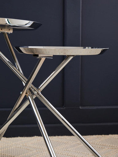 Silver Staggered Mirrored Tops End Table With Chrome Cross Leg Frame, Oria