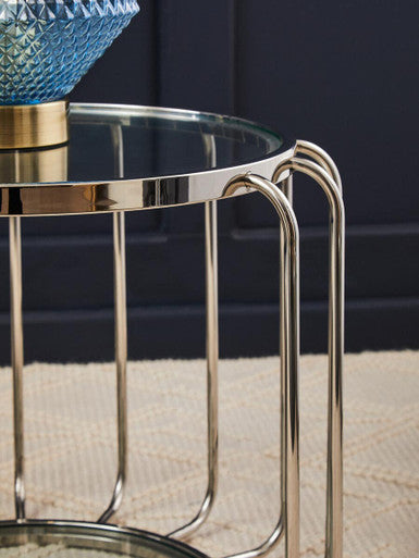 Silver Metal Frame Side Table With Tempered Glass Top, Oria