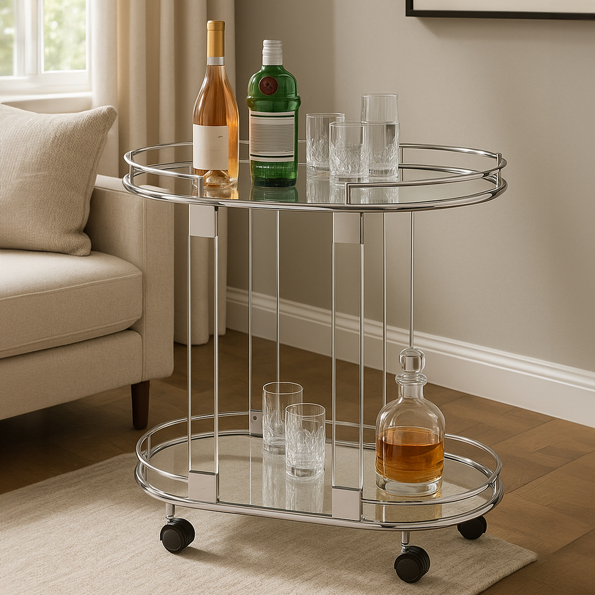 Oria Oval Mirrored Trolley Glass Chrome Modern