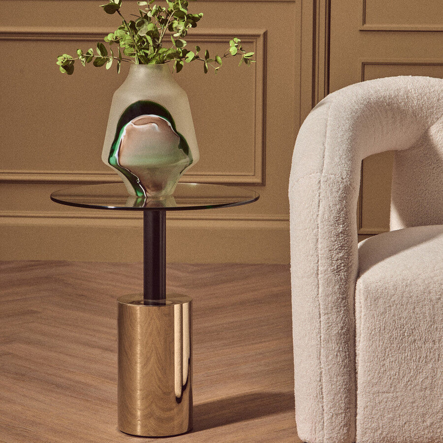 Black & Gold Powder-Coated T-Shape End Table With Clear Glass Top, Oria