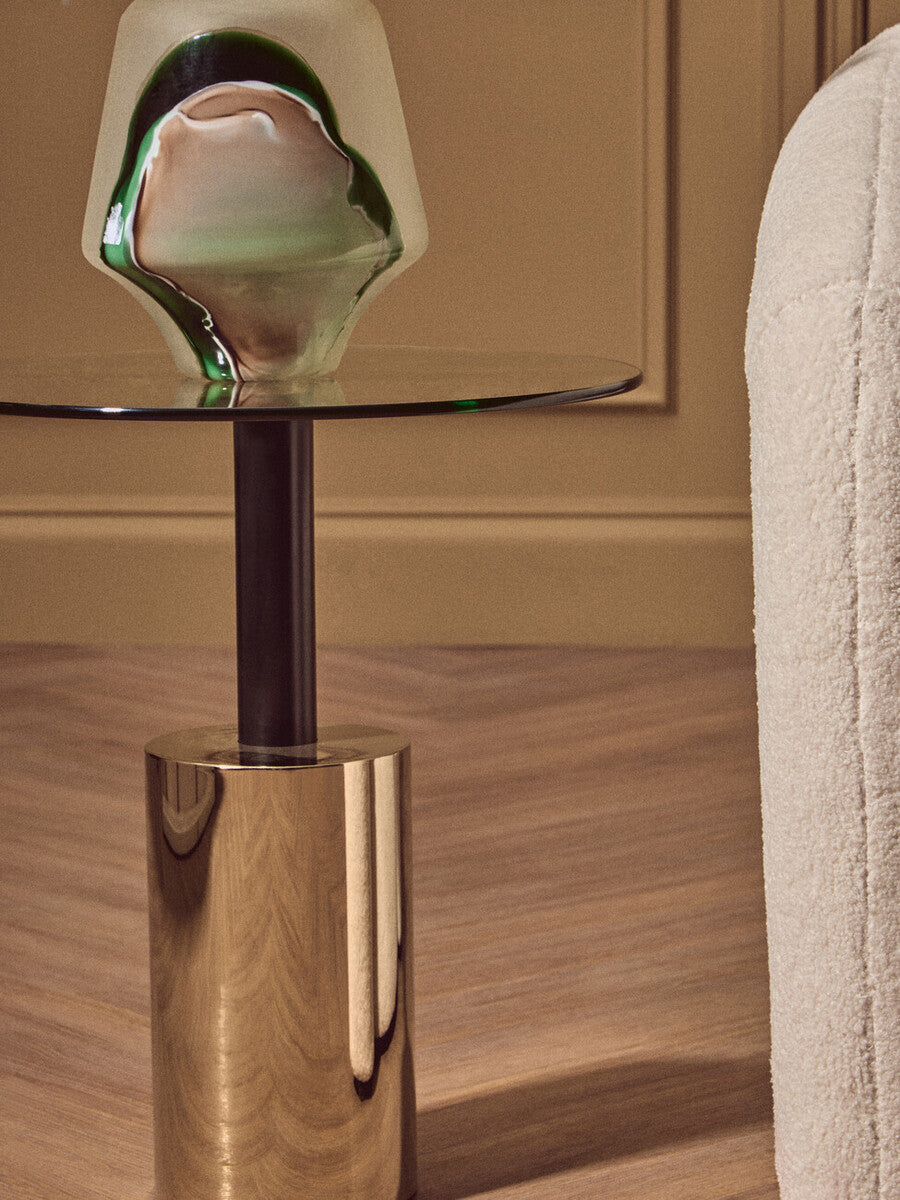 Black & Gold Powder-Coated T-Shape End Table With Clear Glass Top, Oria