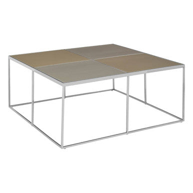 Brushed Silver & Gold Checked Coffee Table With Stainless Steel Square Frame, Oria