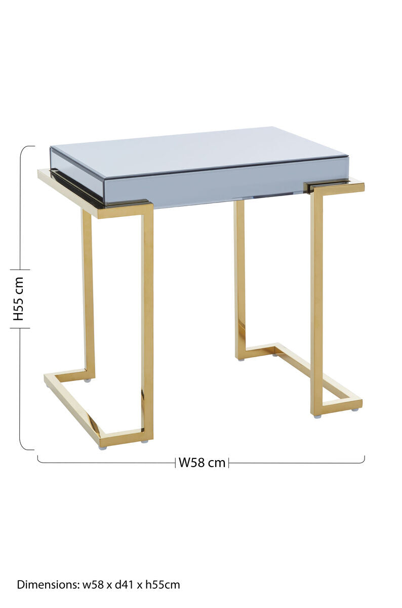 Grey Mirrored Top End Table With Gold Stainless Steel Sledge Base, Kaso