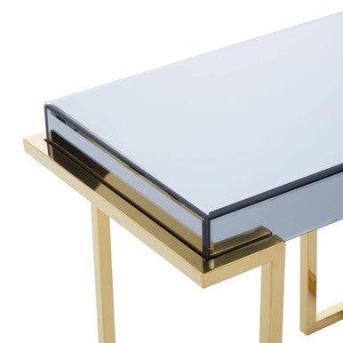Grey Mirrored Top End Table With Gold Stainless Steel Sledge Base, Kaso