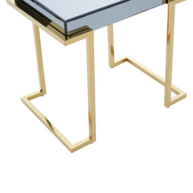 Grey Mirrored Top End Table With Gold Stainless Steel Sledge Base, Kaso