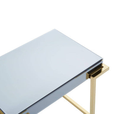 Grey Mirrored Top End Table With Gold Stainless Steel Sledge Base, Kaso