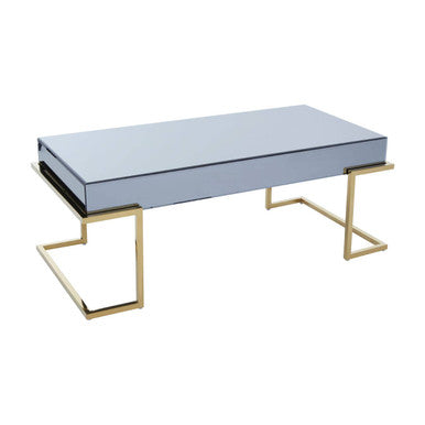 Grey Mirrored Top Coffee Table With Gold Stainless Steel Sledge Base, Kaso