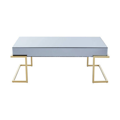 Grey Mirrored Top Coffee Table With Gold Stainless Steel Sledge Base, Kaso