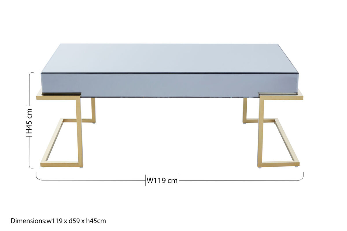 Grey Mirrored Top Coffee Table With Gold Stainless Steel Sledge Base, Kaso
