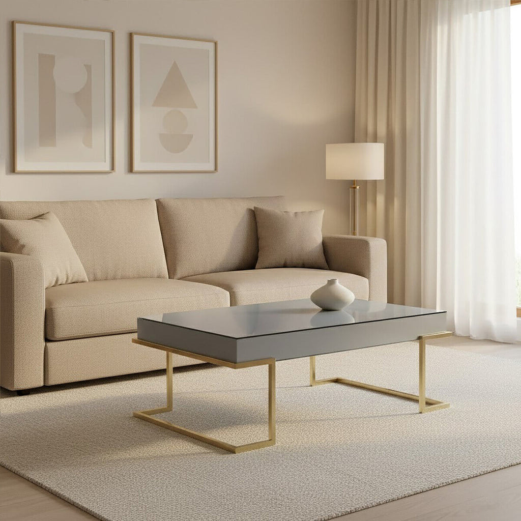 Grey Mirrored Top Coffee Table With Gold Stainless Steel Sledge Base, Kaso