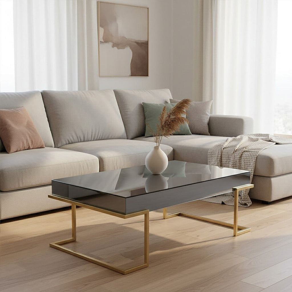 Grey Mirrored Top Coffee Table With Gold Stainless Steel Sledge Base, Kaso