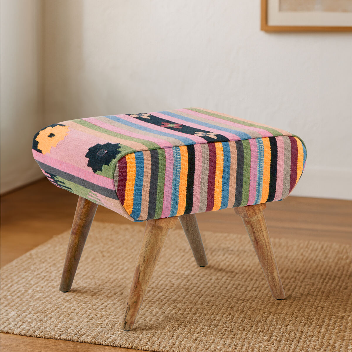 Cefena Multicolour Mango Wood Natural Footstool