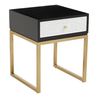 Black & White 1 Drawer Warm Metal Side Table With Gold Knob Handle, Dumas