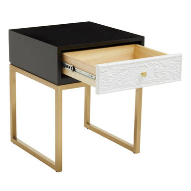 Black & White 1 Drawer Warm Metal Side Table With Gold Knob Handle, Dumas