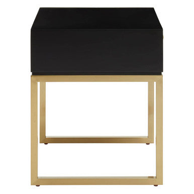 Black & White 1 Drawer Warm Metal Side Table With Gold Knob Handle, Dumas