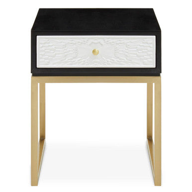 Black & White 1 Drawer Warm Metal Side Table With Gold Knob Handle, Dumas