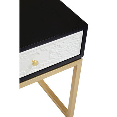 Black & White 1 Drawer Warm Metal Side Table With Gold Knob Handle, Dumas