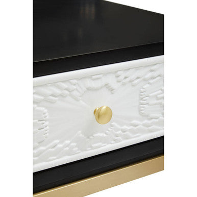 Black & White 1 Drawer Warm Metal Side Table With Gold Knob Handle, Dumas