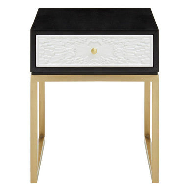 Black & White 1 Drawer Warm Metal Side Table With Gold Knob Handle, Dumas