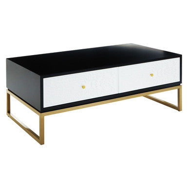 Black & White 4 Drawer Warm Metal Coffee Table With Gold Knob Handle, Dumas