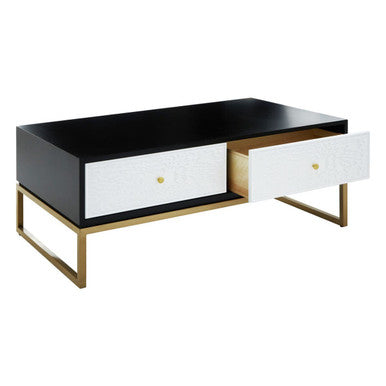 Black & White 4 Drawer Warm Metal Coffee Table With Gold Knob Handle, Dumas