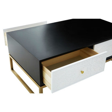 Black & White 4 Drawer Warm Metal Coffee Table With Gold Knob Handle, Dumas