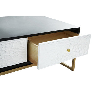 Black & White 4 Drawer Warm Metal Coffee Table With Gold Knob Handle, Dumas