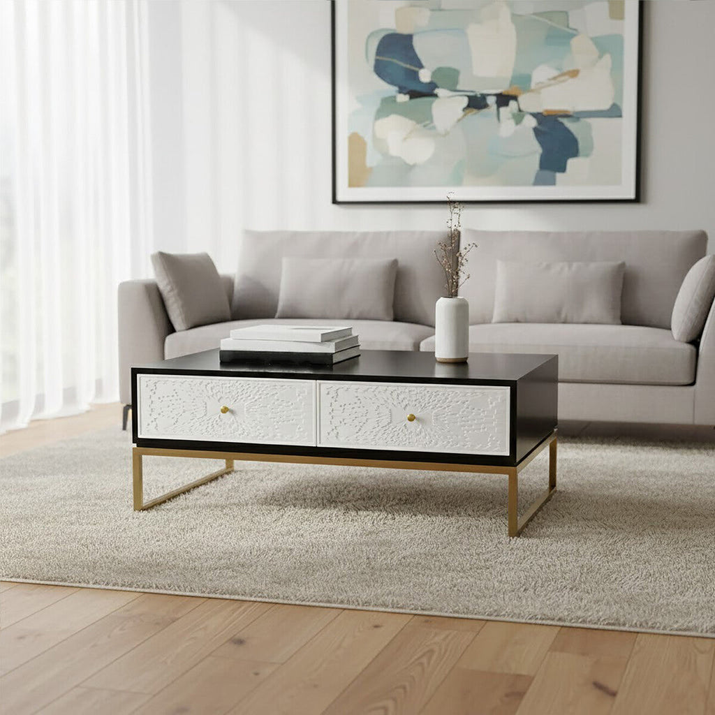 Black & White 4 Drawer Warm Metal Coffee Table With Gold Knob Handle, Dumas