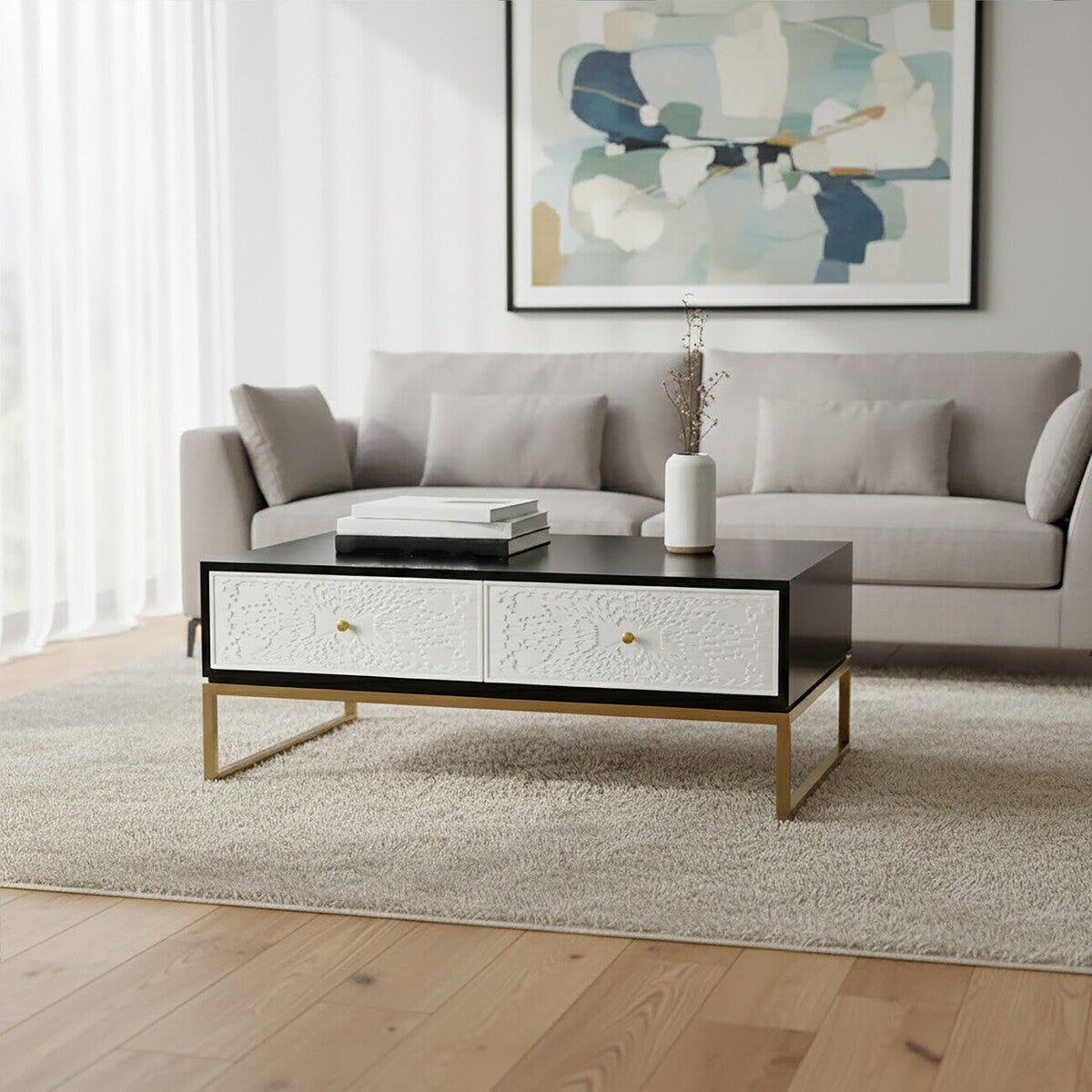 Black & White 4 Drawer Warm Metal Coffee Table With Gold Knob Handle, Dumas