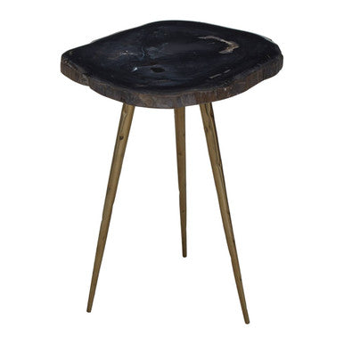 Brown Petrified Wood Top Side Table With Brass Angular Legs, Relic