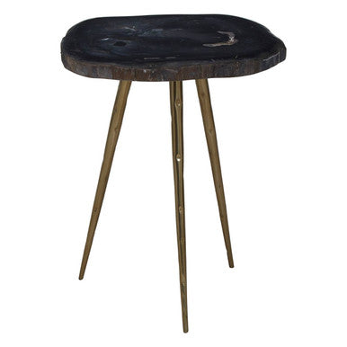 Brown Petrified Wood Top Side Table With Brass Angular Legs, Relic